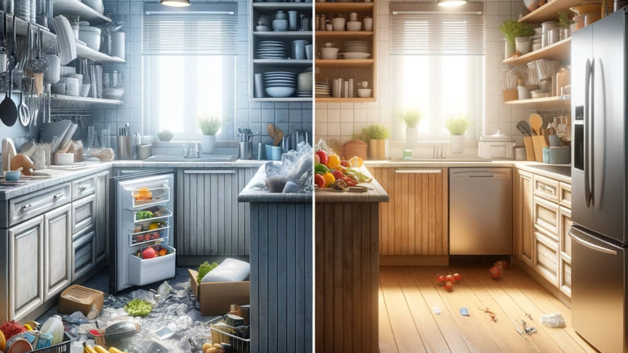 コンパクトなキッチンの変化を「前」と「後」のビューで分けて描いたイラスト。左側では、冷蔵庫が動線を妨げており、窮屈で無秩序なキッチンが表示されています。右側では、最適化後のキッチンが開放的で効率的に感じられ、冷蔵庫がワークフローを高めるように戦略的に配置されています。変化は、整理された空間利用の視覚的な物語を提供し、見る人に整然としたキッチンの実用的かつ感情的な利点を評価させます。