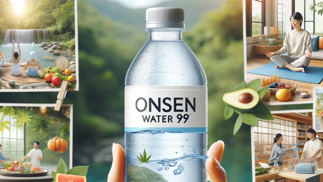 「Onsen Water 99」とラベル付けされた透明なボトルの湧水を、自然の背景に対して配置しています。ボトルは透明で、中の純粋な水が見えます。リラックスしている人がOnsen Water 99のボトルを持っている様子や、背景にヨガマットや新鮮な果物などの健康とリラクゼーションを象徴する要素が含まれています。また、居心地の良いリビングルームで家族が楽しんでいるシーンや、オフィスでビジネスパーソンがリフレッシュメントとして使用している様子など、日常生活におけるOnsen Water 99の楽しみ方を物語る要素が加えられています。画像はOnsen Water 99の新鮮さと自然の美しさを強調し、明るく爽やかな色使いで視聴者の気分を高揚させるようにデザインされています。