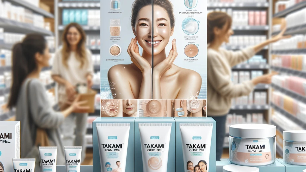 生成された画像は、薬局の設定で展示されたTakami Skin Peel製品を描いています。製品は前景で目立つように配置され、魅力的で明確なパッケージングが特徴です。背景には、製品と穏やかに交流するか、美容アドバイザーに相談する満足している顧客が含まれており、製品に対する信頼とポジティビティを喚起します。また、Takami Skin Peelを使用した人の肌の変化を示すビフォーアフターのビジュアルが取り入れられており、読者とのつながりを作り出しています。デザインは清潔で現代的で、美容とスキンケアを連想させる軽やかで爽やかな色彩が用いられています。レイアウトは、製品から顧客へと視線を誘導し、変化と満足感を描写しています。