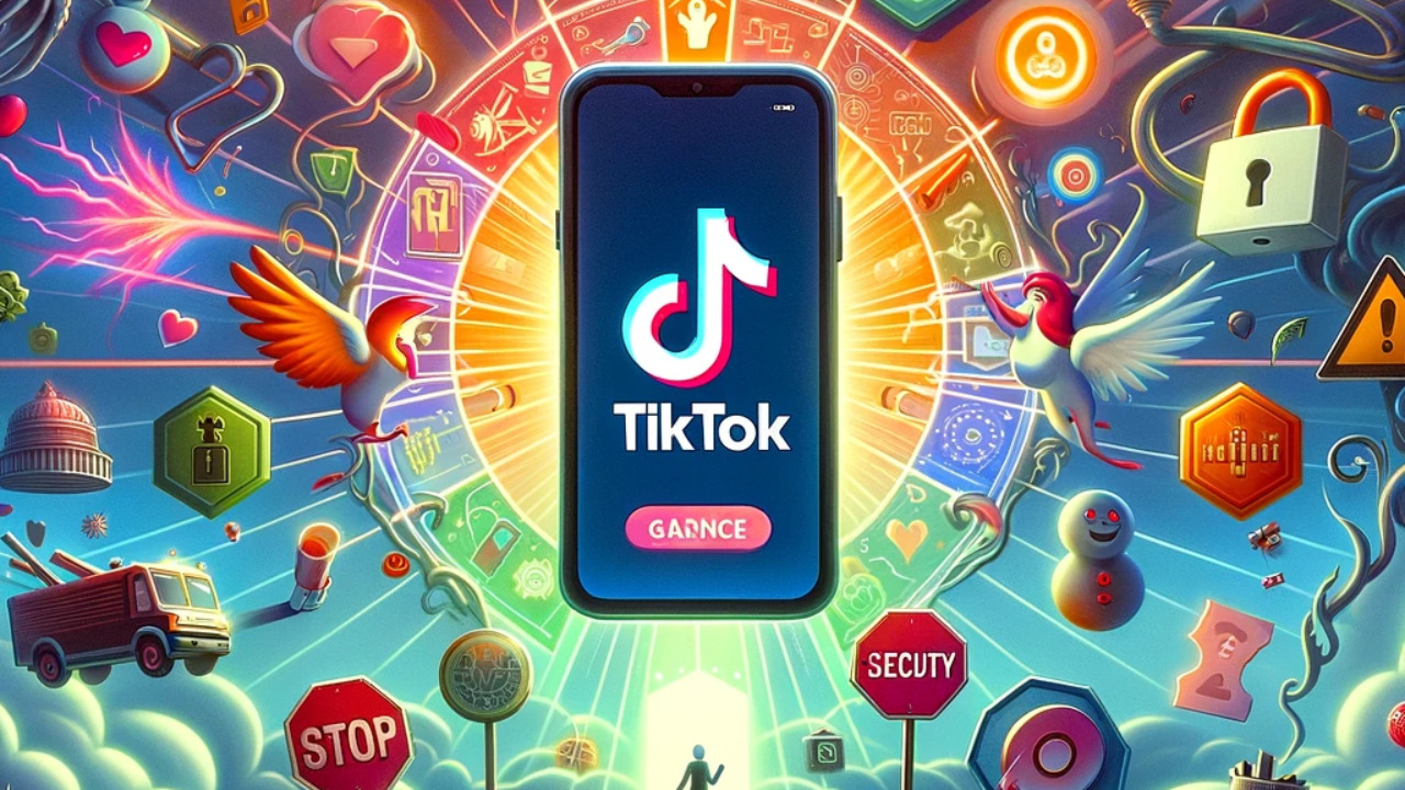 「TikTokの安全性とリスク」をテーマにしています。中央にはTikTokアプリが表示されたスマートフォンがあり、その周りにはセキュリティを象徴する錠前や危険を示す警告標識などのシンボルが配置されています。警戒心と安心感を表す要素として、監視を意味する目や安全を表す盾が含まれています。暗闇から情報に基づく安全への道のりを描き、TikTokの安全性に関する知識の獲得を象徴しています。画像は鮮やかな色彩と現実的かつ象徴的なイメージの混合を使用しており、ダイナミックで魅力的な構成が視聴者の関心をテーマに引き寄せます。