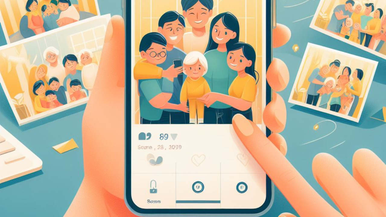 家族の写真が並んだギャラリーが表示された「みてねアプリ」のインターフェースがあるスマートフォンの画像。背景には、異なる世代の家族が一緒に写真を見て楽しんでいる場面がある。雰囲気は暖かく幸せで、明るい色で家族写真の共有の簡単さと喜びを強調している。デザインはすっきりとしており、テクノロジーを通じた家族の絆の感情的なつながりに焦点を当てている。