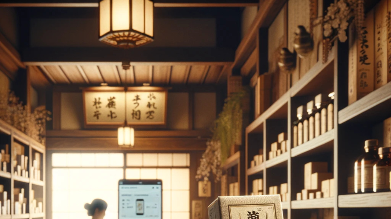 温かみのある伝統的な日本の薬局を描いた画像。木製の棚にはさまざまなハーブの薬が並べられています。画面の中央には、生漢煎の美しくデザインされたパッケージが、エレガントな漢字でその名前が強調されて置かれています。顧客はパッケージを持ち、安堵と満足の表情をしています。雰囲気は静けさを漂わせ、健康とバランスを連想させ、地球の色彩と柔らかな照明が快適さを与え、自然な治療への信頼を植え付けます。背景にあるデジタルデバイスが、生漢煎がオンラインで入手可能であることをさりげなく示しており、伝統的なショッピング体験と現代のオンライン購入体験とを繋いでいます。
